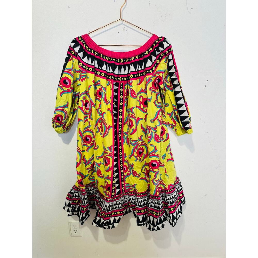 LA DOUBLEJ Yellow Paisley Mod Geo Print Three Quarter Sleeve Off Shoulder Dress - Picture 2 of 16